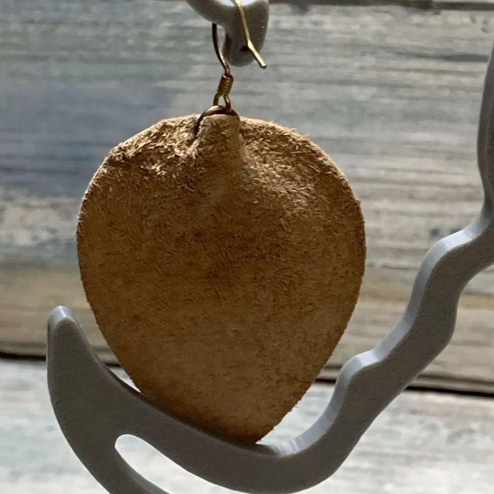 Tan Leather Leaf‎ Pinched EARRINGS Large dangle